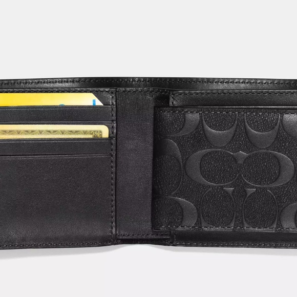 Coach Men’s Wallet 3-in-1 Black Leather Embossed. COACH box, bag, & sticker seal - Picture 3 of 11